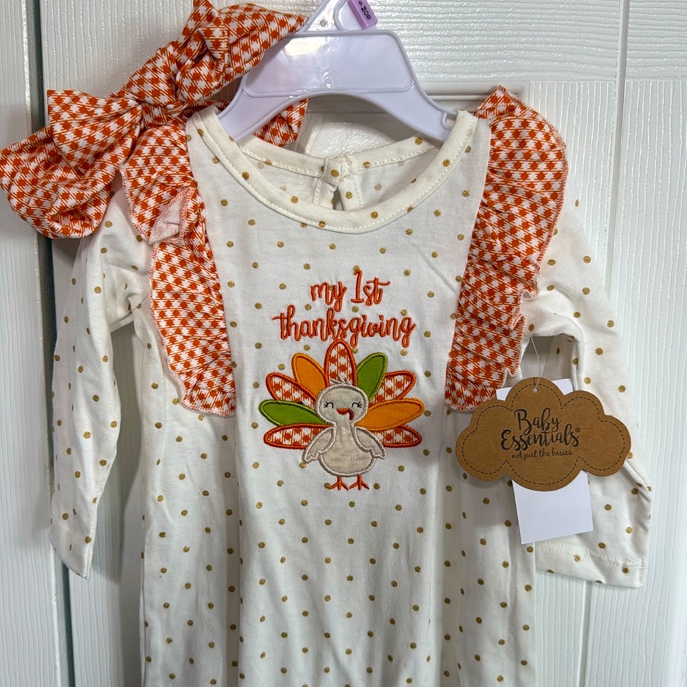 Baby Essentials "My 1st Thanksgiving" Footed Onesie w/ Matching Headband - 9M